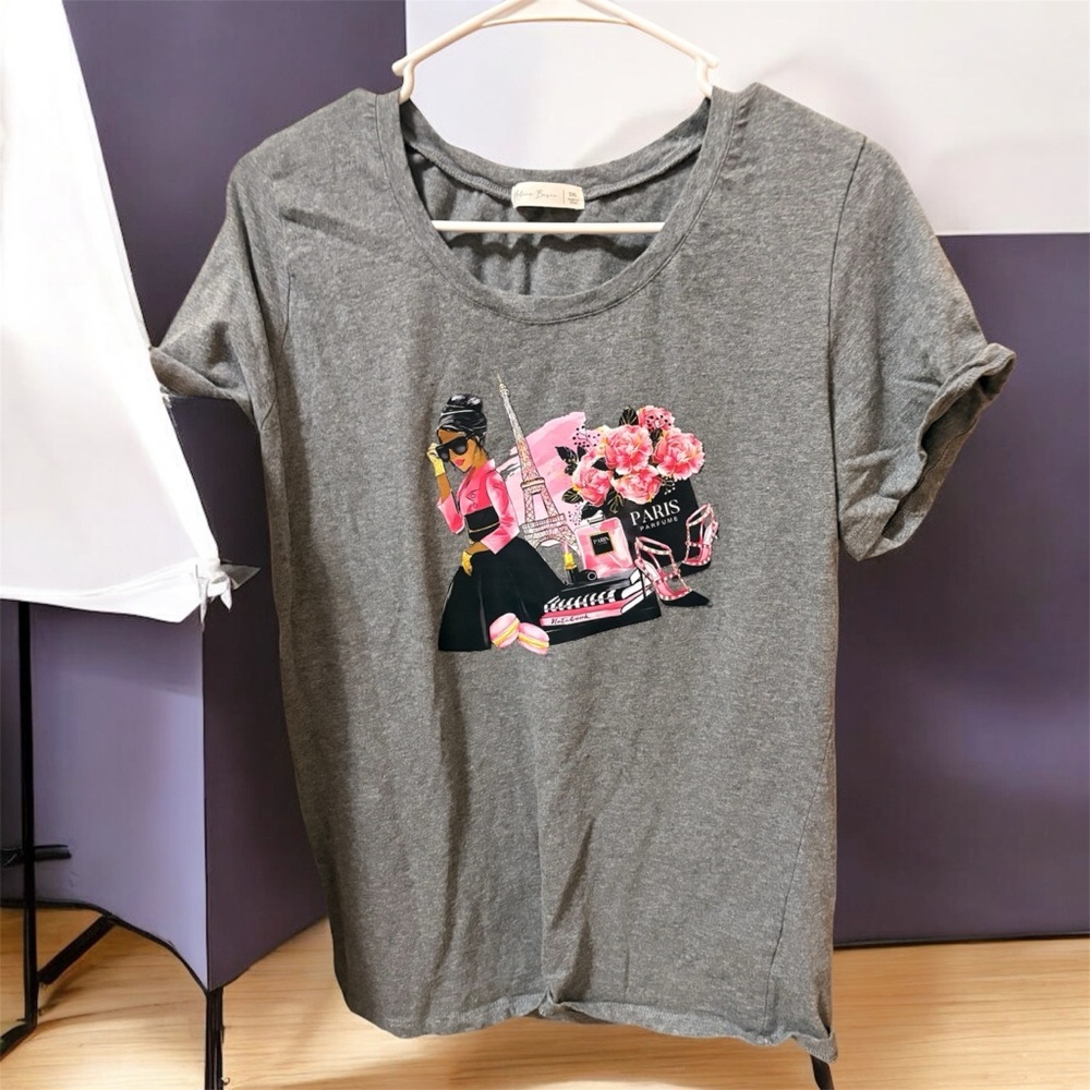 Active Basic Gray Tee with Pink Graphic 2XL HANDCRAFTED